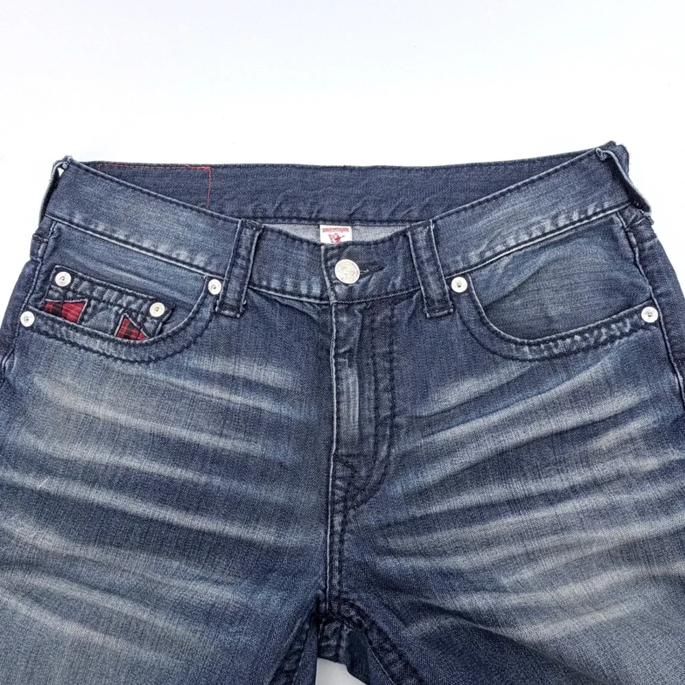 True Religion Slim Jeans Mens 34 Blue‎ Exc Faded Whiskered Red Plaid Straight